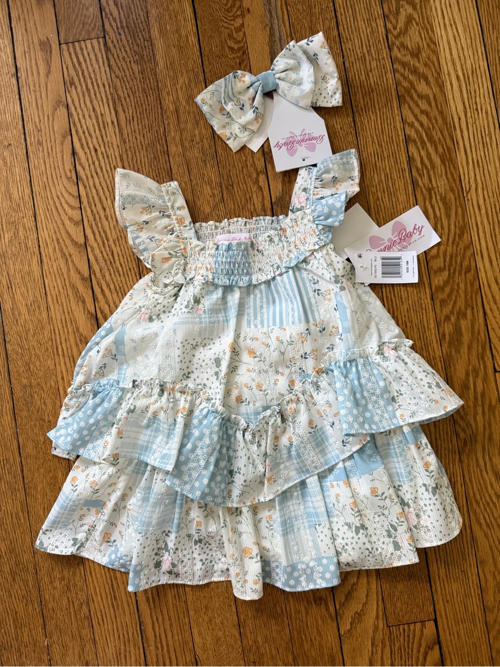 Bonnie Baby Floral Patchwork Ruffle Dress and Bow - Size 18 Months - NWT